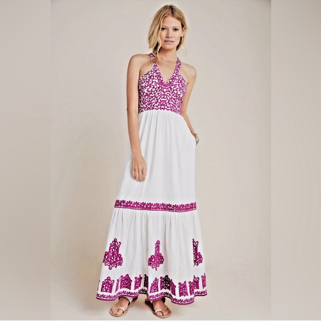 Anthropologie Manuela Embroidered Tiered Halter Maxi Dress Nwt